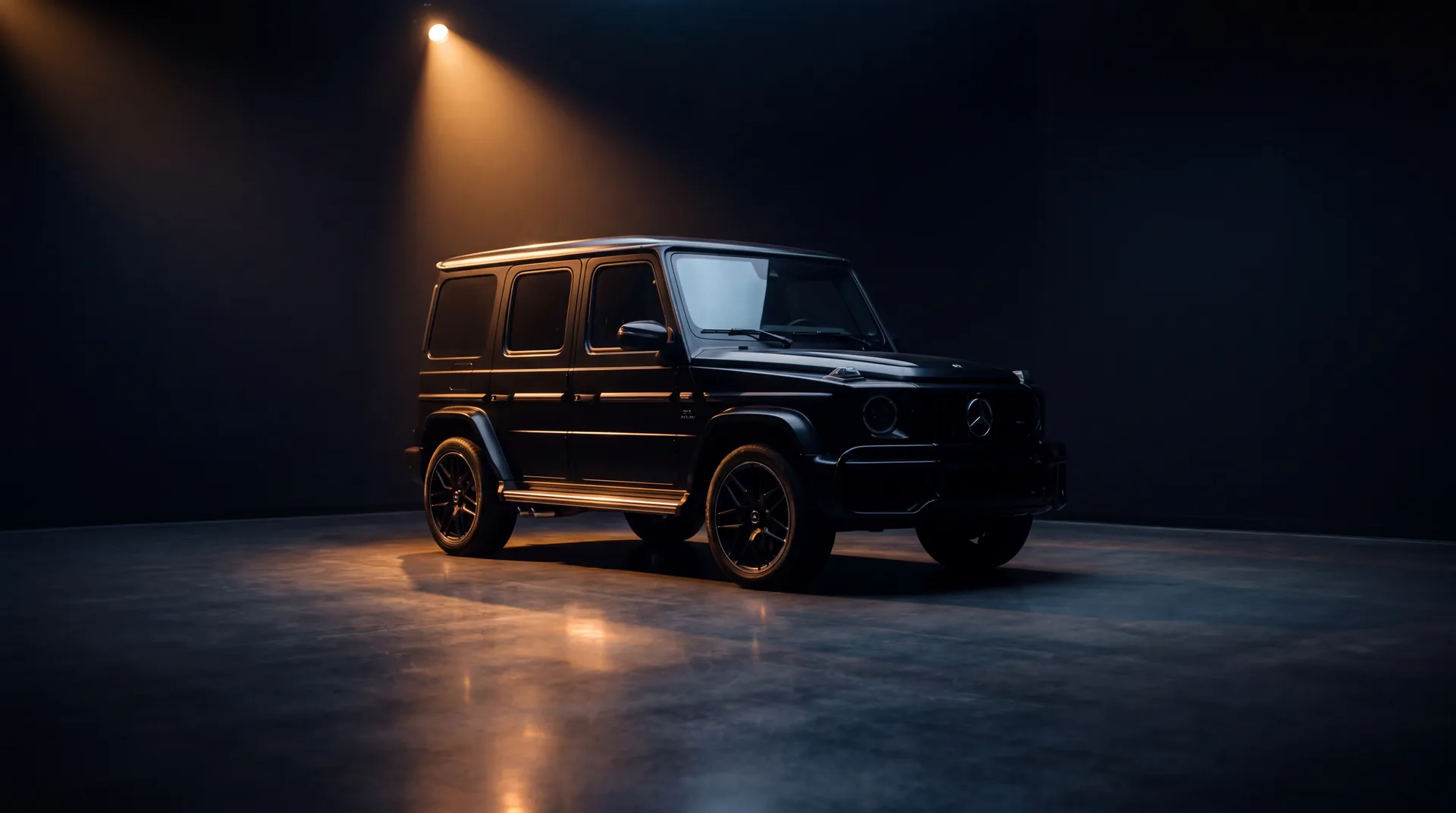 Mercedes-Benz G-Class G-Wagon in a minimalist dark showroom under a single amber spotlight, reflected in polished concrete floor